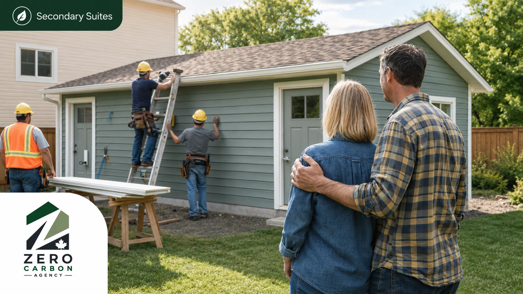 A young couple watching builders construct their secondary suite, with a Zero Carbon Agency Secondary Suites badge overlay.