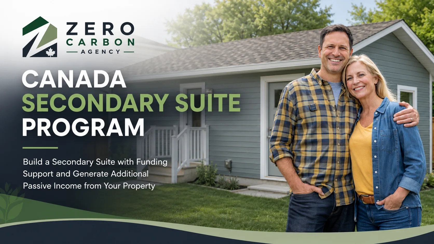 Canada Secondary Suite Program: a couple standing in front of their newly built secondary suite, with funding-support messaging from Zero Carbon Agency.